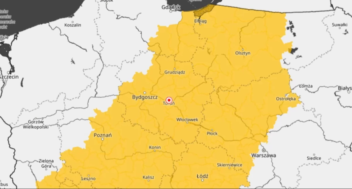 IMGW wydał ostrzeżenie pierwszego stopnia. Toruń znalazł się w żółtej strefie