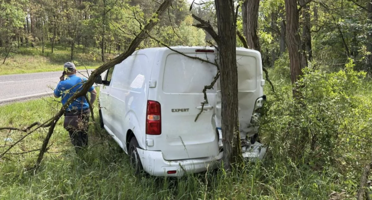 Wypadek dostawczaków pod Toruniem. Jeden z pojazdów wjechał w drzewo