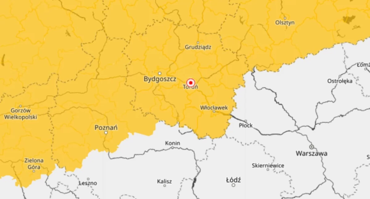 IMGW wydał nowe ostrzeżenie. Toruń znalazł się w żółtej strefie