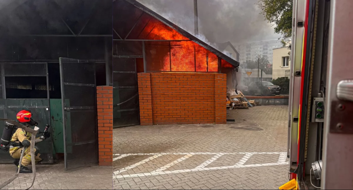 Pożar przed centrum handlowym w Toruniu. Wiata stanęła w ogniu