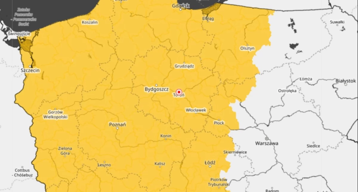 Jest nowe ostrzeżenie od IMGW. Toruń znalazł się w żółtej strefie