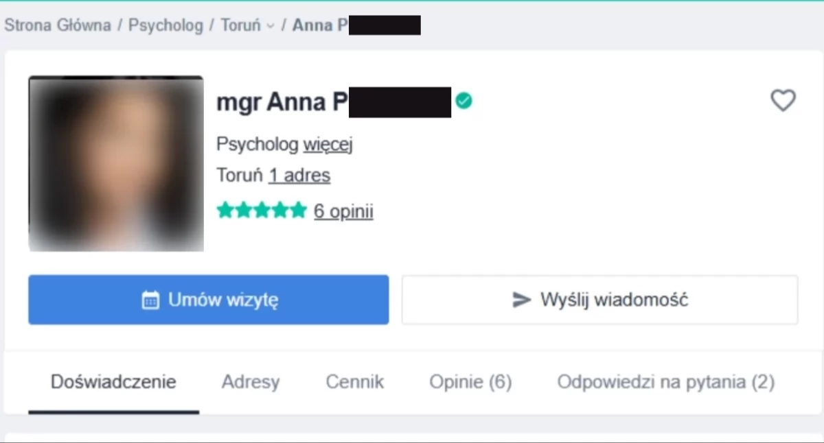 Kobieta podawała się za psychologa w Toruniu. Miała konto na „Znanym Lekarzu”