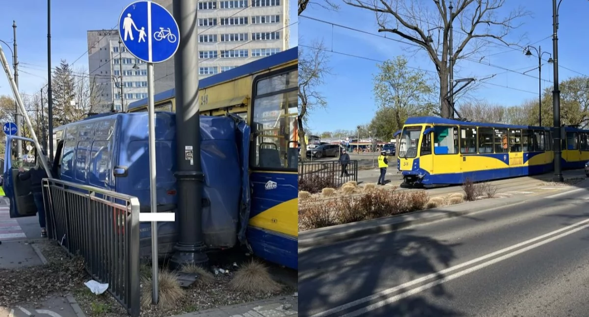 Wypadek z udziałem tramwaju w Toruniu. Dostawczak został zaklinowany