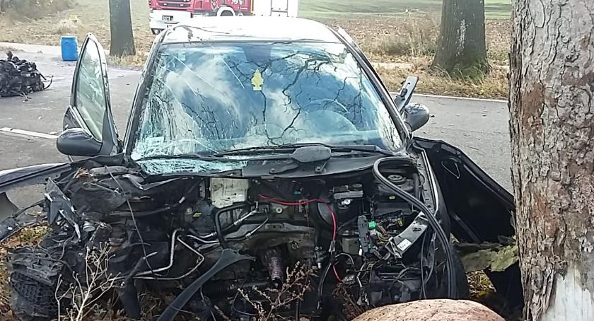 Wypadek pod Toruniem. Samochód uderzył w drzewo, z pojazdu wypadł silnik! [FOTO]