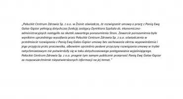 Oświadczenie Pałuckiego Centrum Zdrowia
