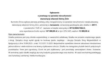 Ogłoszenie  o przetargu na sprzedaż nieruchomości stanowiącej własność Gminy Żnin