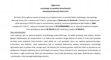 Ogłoszenie  o przetargu na sprzedaż nieruchomości stanowiącej własność Gminy Żnin