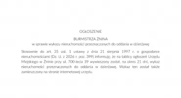OGŁOSZENIE BURMISTRZA ŻNINA